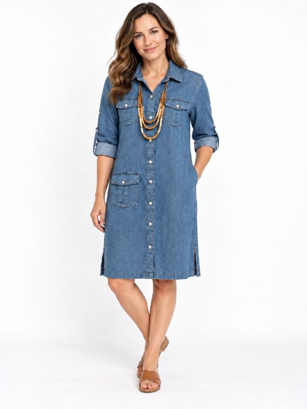 L.L.Bean Signature Blue Chambray Cotton Button Front Shirt Dress Size 8